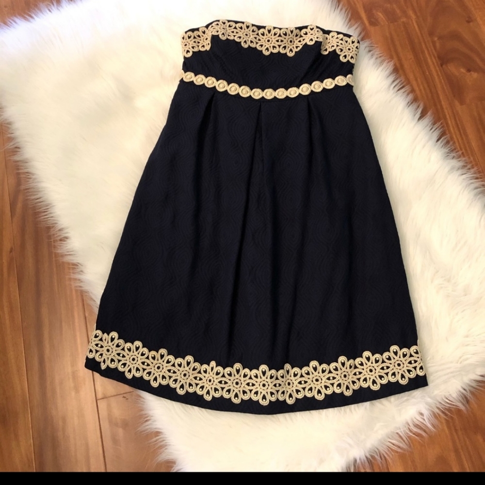Lilly Pulitzer Betsey Navy Gold Strapless Dress